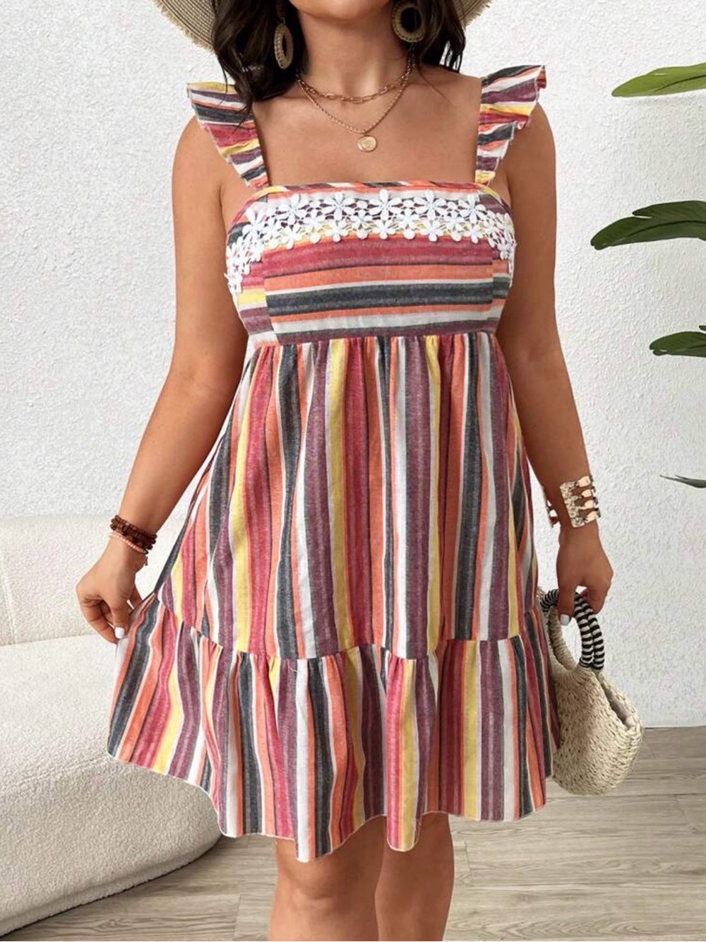 SHEIN Multicolor Striped Ruffle Mini Dress in Pink & Orange